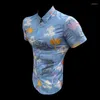 Mäns avslappnade skjortor Foreign Slim Lapel Printing Spot Blue Hawaiian Vacation Beach kortärmad skjorta M-3XL