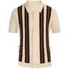 Men's Polos 2023 Summer British Style Retro Casual Apricot Stripe Patchwork Knitted Short Sleeve Jacquard Business Polo Shirt 230504