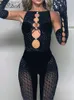 Kobiety Jumpsuits Rompers FSDA Hollow Out Black Scossuit z długim rękawem Sexy Women Mesh See Through Sleeveless 2022 Summer Gojownika Party Club T230504