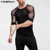 Men's T-Shirts Summer Mesh Patchwork Men T Shirt Short Sleeve Slim O Neck Party Sexy Breathable Nightclub T-shirts Casual Tee Tops INCERUN 230503