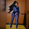 Kobiety kombinezonki rompers Kricassen Sexy Blue Velvet Mesh Patchwork Chude Long Spot Scossuit Kobiet Sheer Rompers Clubwear Birthday Stroje T230504