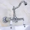 Kitchen Faucets Polished Chrome Swivel Spout Bathroom Basin Faucet / Wall Mounted Dual Handles Vessel Sink Mixer Taps Tnf962