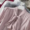 Kvinnors blusar 2023 Spring Satin Bow Ribbon Women Stand Collar Single Breasted Loose Elegant Shirts Tops