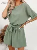 Women's Jumpsuits Rompers Olive Green Belted Boat Neck Romper For Women Sexy Short Sleeve Short Playsuit Spring Summer Overalls Bodysuit Jumpsuit 230504