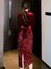 Casual jurken 2023 Red Velvet Patchwork Sequins luxe midi jurk herfst winter dik warme vrouwen Koreaanse vintage zwarte feestavond