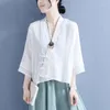 Women's Blouses Summer Retro Ethnic Cotton And Linen Shirt Chinese Style Buckle Lace-up Three-quarter Sleeve Stitching Cardigan Thin Top