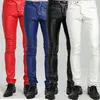 Hosen Idopy Qualität PU Winter Linie Sexy Rot Slim Enge Männliche Hose Männer Motorrad Schwarz Dünne Biker Hosen Leder Jogger blau