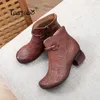 Boots Spring Autumn Women Genuine Leather Thick Heels Ankle For Shoes Retro Flower Zipper Short S20683