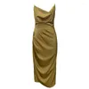 Abiti casual Estate Donna Elegante Retro Sexy Abito in raso oro Canotta Slip Pieghe senza schienale Drappeggiato Fessura Abito longuette Party Office Vestido