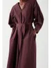 Casual Dresses Women V-ringning fast färg Bomull Lös MIDI-klänning med Sashes Ladies Three Quarter Sleeve Hem Slit Long Robes 2023