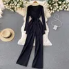 Women's Two Piece Pants Light Mature Wind Temperament V-neck Irregular Open Top High Waist Drape Wide Leg Knitting Two-piece Set