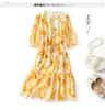 2023 Summer Yellow Floral Print Belted Silk Dress 1/2 Half Sleeve Round Neck Knee-Length Casual Dresses C3A255031