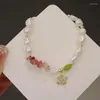 Strand minar handgjorda klara rosa grönt natursten sötvatten pärlpärlade armband kvinnor cz zirkonblomma hjärtarmband