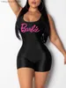 Kobiety Jumpsuits Rompers LW Summer Basic One Piece Letter Print Cami Romper U Neck Rleeveless Elastyczne czołg fitness 1PC Sportswear Female Streetwears T230504