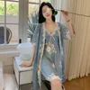 Kvinnors sömnkläder casual satin blommig tryck nattklänning kvinnor rayon 2 st mantel klänning set sexig kimono spets badrock nattklänning