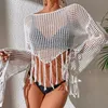 Kvinnors badkläder se genom ihåliga ut bikini -täckningar topp strandkläder blossade långärmad Tassel Smock Crop Tops baddräkt Coverup 230503