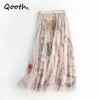 Jupes Qooth Fée Floral Taille Haute A-ligne Mesh Jupe Printemps Été Casual Noir Midi Jupes Longues Femmes Doux Tulle Jupe QT703 P230420