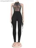 Women's Jumpsuits Rompers Elegant Halter Neck Black Rhinestones Mesh Straps Jumpsuits Sexy Off Shoulder Crystal Romper Party Club Outfits T230504