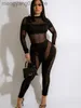 Women's Jumpsuits Rompers Fashion Pink Nude Mock Neck Sheer Mesh Long Sleeve Jumpsuits Womens See-Through Skinny Rompers Neon Outfits Active Wear T230504