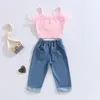 Kleidung Sets Mädchen Sommer Outfit Mode Kind Kinder Rosa Ärmellose Feder Camisole Jeanshose mit Taschen 230504