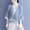 Women's Blouses Summer Retro Ethnic Cotton And Linen Shirt Chinese Style Buckle Lace-up Three-quarter Sleeve Stitching Cardigan Thin Top