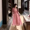 Casual Dresses French Sweet Elegant V-neck Embossed Velvet Dress Women's High-Grade Light Luxury Texture Burnt Flower High-Waist Pink