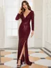 Party Dresses Elegant Evening Dresses V-Neck Long Sleeves A-LINE Sequin Floor-Length Gown ever pretty of Burgundy Elegant Prom Dress 230504