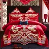 Beddengoed sets 4 stcs luxe loong phoenix Chinese stijl rood borduurwerk dekbedoverkap bed laken katoen bruidstoestel huis textiel