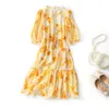 2023 Summer Yellow Floral Print Belted Silk Dress 1/2 Half Sleeve Round Neck Knee-Length Casual Dresses C3A255031