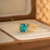 Обручальные кольца Minar Bling Blue Color Прямоугольник очарование страза для женщин 18 тыс. Золотая нержавеющая сталь многослойное регулировочное кольцо