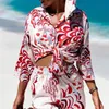 Женские спортивные костюмы Hirigin 2pcs Beach Styles Set Set Set модные пейзажи для пейзажа кнопка вниз рубашки и шорты летние повседневные 230503