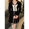 Casual Dresses Women Autumn Winter Party Birthday Wedding Korean Fashion Bow Tie Collar Lång ärm Vit svart Slim Mini Dress Vestido