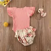 Vêtements Ensembles Pudcoco Casual Sweet 3pcs Born Kids Summer Tenues Coublé à manches coulières Top Shorts floraux Contrôles Headwear Set Baby Girls