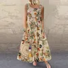 Casual Dresses Floral Print Bohemian Summer Sleeveless ONeck Cotton Linen Women Boho Holiday Beach S5XL 230504