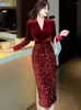 Casual jurken 2023 Red Velvet Patchwork Sequins luxe midi jurk herfst winter dik warme vrouwen Koreaanse vintage zwarte feestavond