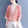 Women's Blouses Summer Retro Ethnic Cotton And Linen Shirt Chinese Style Buckle Lace-up Three-quarter Sleeve Stitching Cardigan Thin Top