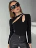 Womens TShirt Black Top Women Long Sleeve T Shirt Hollow Out TShirts Autumn Winter Clothes Solid Basic Blue Streetwear White Crop Top 230503