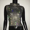 Womens TShirt Sexy Backless Party Crop Top Women Glitter Turtleneck TShirt Adjustable Metal Chain Summer Nightculb Diamond Tank Top 230503