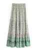 スカートヴィンテージシックなファッションヒッピー女性ビーチボヘミアングリーンフローラルプリントプラルプリントプラルスカート弾性ウエストAラインボホマキシスカートフェム230504