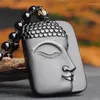 Pendant Necklaces Natural Black Obsidian Hand Carved Chinese Buddha Blessing GuanYin Head Buddhism Amulet Beads Necklace Fashion Jewelry