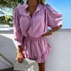 Robes de travail été mince coton lin deux pièces ensemble décontracté col rond bouton chemise avec volants mini jupe costume mode femmes vacances plage