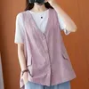 Leather Summer Cotton Linen Vests for Women V Neck Loose Sleeveless Jacket Female Lightweight Cool Coat with Side Pockets Casual Vest