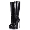 Bütün seksi modaya uygun siyah parlak patent pu diz botları platformlu kadınlar için ve 16cm yüksek topuklu İtalyan tasarımı el yapımı ayakkabılar fe285u