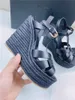 Designer Luxury Women's Navy Blue Leather Wedge Party Sexig sandaler äkta läder med låda