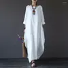 Casual Dresses 2023 Summer Autumn Big Size Shirt Topps Women Lose Vintage Blue Boho Cotton Linen Maxi Robe Fashion Female 4xl 5xl Q293