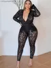 Kvinnors jumpsuits Rompers LW SXY Plus Size Seught Stretchy Jumpsuit Sexig Se genom Jumpsuit Women Hole Hollow Midnight Party Stretchy Skinny Bodyco T230504