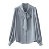 Women's Blouses 2023 Spring Satin Bow Ribbon Women Stand Collar Single Breasted Loose Elegant Shirts Tops