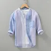 Chemises décontractées pour hommes japonais minimaliste hommes col debout à rayures verticales lin chemise à manches trois quarts été mince hommes hauts purs