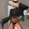 Mulheres Swimwear Ver através de oco Out Bikini Cover Ups Top Beachwear Flared Manga Longa Tassel Smock Crop Tops Swimsuit Coverup 230503