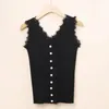 Tops Sexy lace patchwork Ice silk knitted tank top women summer 2022 elegant vneck sleeveless singlebreasted tops black white pink